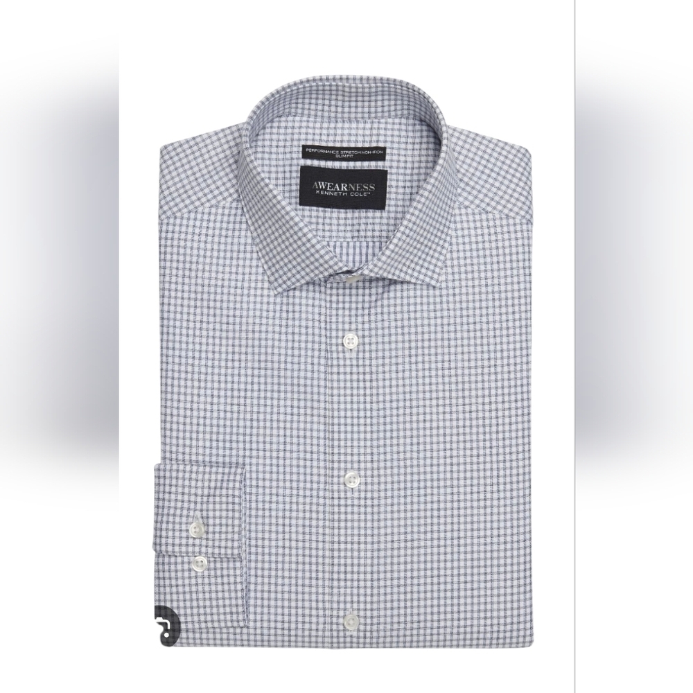Kenneth Cole Awearness Non-iron Slim Fit 18 1/2 34/35 Blue Checkered